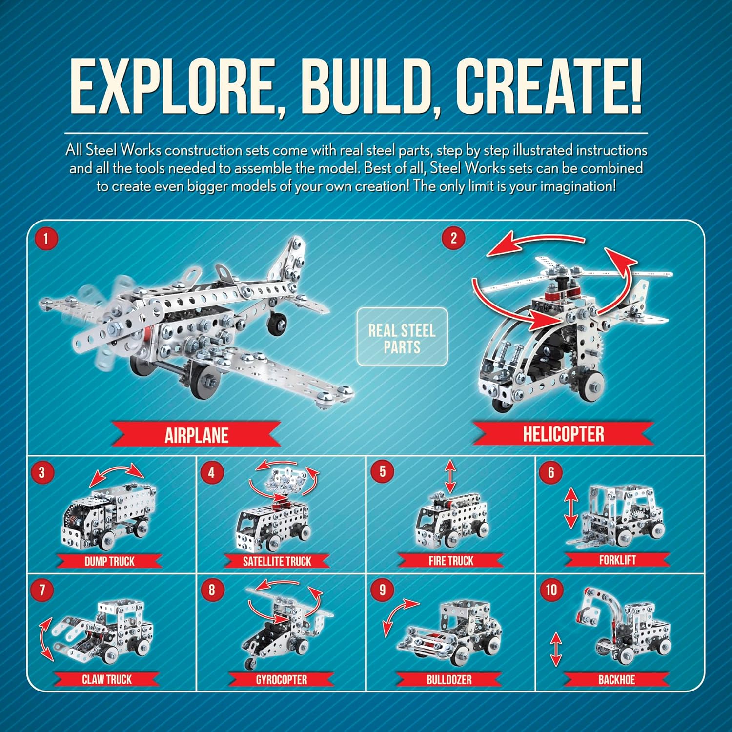 Schylling Steel Works Mechanical Multi-Model - Steel Building Set - Includes 300 Pieces. Tools. and Instructions to Make 10 Different Models - Ages 8 and Up - Image 3